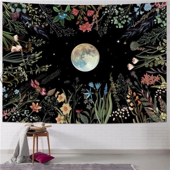 Moonlit Garden 51.2" x 59.1"Tapestry Moon Flower Tapestry Colorful Plant Decor - Picture 6 of 7